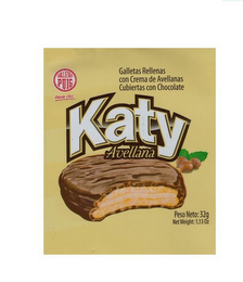 GALLETAS PUIG DESDE 1911 GALLETAS RELLENAS CON CREMA DE AVELLANAS CUBIERTAS CON CHOCOLATE KATY AVELLANA PESO NETO 32G NET WEIGHT 1,13 OZ logo