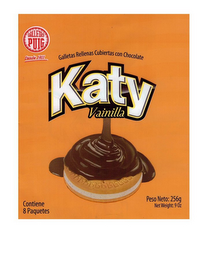 GALLETAS PUIG DESDE 1911 GALLETAS RELLENAS CUBIERTAS CON CHOCOLATE KATY VAINILLA PESO NETO: 256G NET WEIGHT: 9 OZ CONTIENE 8 PAQUETES logo