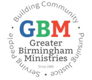 GBM GREATER BIRMINGHAM MINISTRIES SINCE 1969 BUILDING COMMUNITY PURSUING JUSTICE SERVING PEOPLE logo