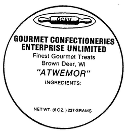 GCEU GOURMET CONFECTIONERIES ENTERPRISE UNLIMITED FINEST GOURMET TREATS BROWN EER, WI "ATWENMOR" logo