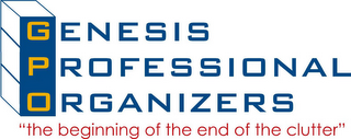 GENESIS PROFESSIONAL ORGANIZERS "THE BEGINNING OF THE END OF THE CLUTTER" logo
