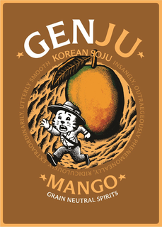 GENJU, KOREAN SOJU, MANGO, GRAIN NEUTRAL SPIRITS, INSANELY, OUTRAGEOUSLY PHENOMENALLY, RIDICULOUSLY, EXTRAORDINARILY, UTTERLY SMOOTH logo