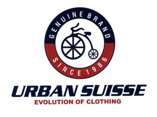 GENUINE BRAND SINCE 1986 URBAN SUISSE EVOLUTION OF CLOTHING logo