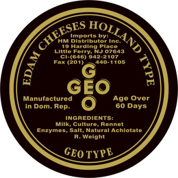 GEO GEO EDAM CHEESES HOLLAND TYPE IMPORTS BY: HM DISTRIBUTOR INC. 19 HARDING PLACE LITTLE FERRY, NJ 07643 CL - (646) 942-2107 FAX (201) 440-1105 MANUFACTURED IN DOM. REP. AGED OVER 60 DAYS INGREDIENTS: MILK, CULTURE, RENNET, ENZYMES, SALT, NATURAL ACHIOTE." BELOW THAT, THE WORDS "R. WEIGHT GEO TYPE logo