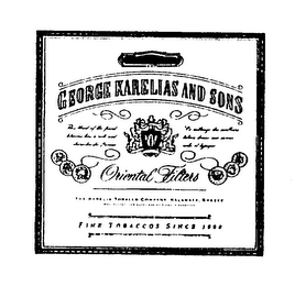 GEORGE KARELIAS AND SONS, 20 CIGARETTES THIS BLEND OF THE FINEST TOBACCO HAS A RICH AND CHARACTERISTIC FLAVOUR, CE MELANGE DES MEILLEURS TOBACO DONNE UNE SAVOUR RICHE ET TYPIQUE ORIENTAL FILTERS, THE KARELIA TABOCCO COMPANY, KALAMATA, GREECE MANUFACTORY AND SUPPLIERS OF FINEST CIGARETTES FINE TOBACCOS SINCE 1888 logo