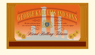 GEORGE KARELIAS AND SONS HAND ROLLING TOBACCO THIS BLEND OF THE FINEST TOBACCOS HAS A RICH AND CHARACTERISTIC FLAVOUR CE MELANGE DES MEILLEURS TABACS DONNE UNE SAVEUR RICHE ET TYPIQUE logo