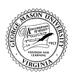 GEORGE MASON UNIVERSITY VIRGINIA A DECLARATION OF RIGHTS 1957 FREEDOM AND LEARNING logo