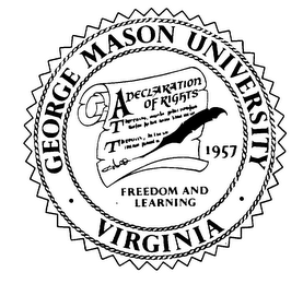 GEORGE MASON UNIVERSITY VIRGINIA A DECLARATION OF RIGHTS FREEDOM AND LEARNING 1957 logo