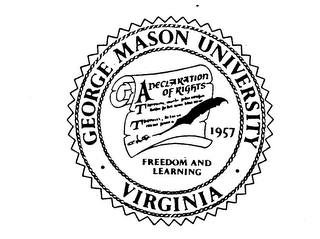 GEORGE MASON UNIVERSITY-VIRGINIA-FREEDOM AND LEARNING A DECLARATION OF RIGHTS TT 1957 logo