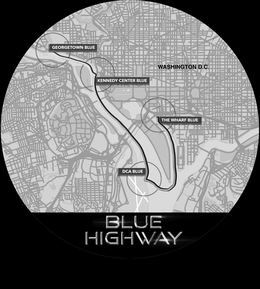 GEORGETOWN BLUE WASHINGTON D.C. KENNEDY CENTER BLUE THE WHARF BLUE DCA BLUE BLUE HIGHWAY logo
