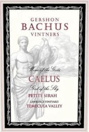 GERSHON BACHUS VINTNERS WINE OF THE GODS CAELUS GOD OF THE SKY 2016 PETITE SIRAH LAWRENCE VINEYARD TEMECULA VALLEY LIMITED EDITION: 1 OF 3000 ALC. 13% BY VOL. logo