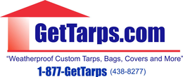 GETTARPS.COM "WEATHERPROOF CUSTOM TARPS, BAGS, COVERS AND MORE" 1-877-GETTARPS (438-8277) logo