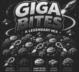 GIGA BITES A LEGENDARY MIX ROCKET PRETZELS CHOCOLATE CRUNCH BITES PEANUT BUTTER FLYING SAUCERS TOFFEE CRUNCH CRUNCHY CLUSTERS logo