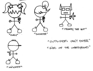 "GIRLY" "SHORTEE" "TEKKEY THE BOT" "MISCHIEF" "OUTSIDERS CAN'T ENTER" "KIDS OF THE UNDERGROUND" logo