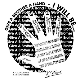 GIVE A BROTHER A HAND I WILL BE... MY SEED HOW AND WHAT I THINK MY POTENTIAL AND CREATIVITY DECISIONS AND CHOICES I MAKE WHO AND WHAT I BECOME "WATCH YOUR THOUGHTS, FOR THEY BECOME WORDS." "WATCH YOUR WORDS, FOR THEY BECOME ACTIONS." "WATCH YOUR ACTIONS, FOR THEY BECOME HABITS." "WATCH YOUR HABITS, FOR THEY BECOME CHARACTER." "WATCH YOUR CHARACTER, FOR IT BECOMES YOUR DESTINY." A= ACCOUNTABLE R= RESPONSIBLE K WARD logo