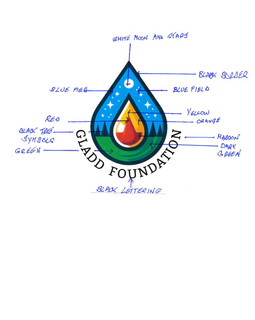 GLADD FOUNDATION WHITE MOON AND STARS BLACK TETE RED SYMBELS GREEN BLUE FIELD BLACK LETTERING BLUE FIELD BLACK BORDER YELLOW ORANGE MAROON DARK GREEN logo