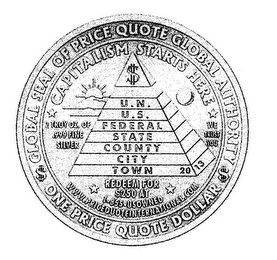 GLOBAL SEAL OF PRICE QUOTE GLOBAL AUTHORITY ONE PRICE QUOTE DOLLAR $ $ CAPITALISM STARTS HERE 2 TROY OZ. OF .999 FINE SILVER WE TRUST YOU REDEEM FOR $250 AT 1-855-USOWNED WWW.PRICE QUOTE INTERNATIONAL.COM U.N. U.S. FEDERAL STATE COUNTY CITY TOWN 2013 $ logo