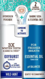 GLOBALLY FARMED · ETHICALLY SOURCED 2 CHAMBER ACTIVATION HYDROGEN PEROXIDE + BAKING SODA & ESSENTIAL OILS COMBINE TO ACTIVATE 3X WHITER TEETH AS QUICKLY AS 2 WEEKS* OXYBURST TECHNOLOGY SWISH 60 SECONDS FOR OPTIMAL RESULTS 1 MIN FOR FRESHER BREATH ESSENTIAL OIL FORMULATION PH BALANCED WILD MINT DENTIST RECOMMENDED logo