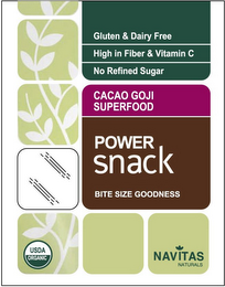 GLUTEN & DAIRY FREE HIGH IN FIBER & VITAMIN C NO REFINED SUGAR CACAO GOJI SUPERFOOD POWER SNACK BITE SIZE GOODNESS NAVITAS NATURALS USDA ORGANIC logo