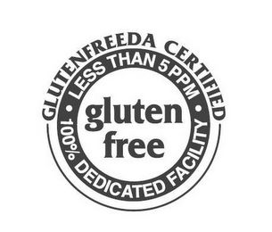 GLUTEN FREE GLUTENFREEDA CERTIFIED LESSTHAN 5 PPM 100% DEDICATED FACILITY logo