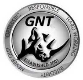 GNT OPTIMISTIC RESPONSIBLE HARDWORKING INTEGRITY NEVER QUIT ESTABLISHED 2001 logo