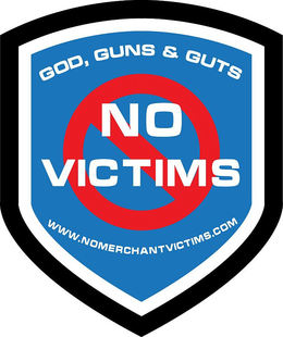 GOD, GUNS & GUTS NO VICTIMS WWW.NOMERCHANTVICTIMS.COM logo