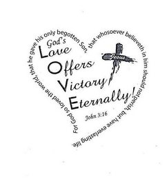 GOD'S LOVE OFFERS VICTORY ETERNALLY! JOHN 3:16, JESUS, FOR GOD SO LOVED THE WORLD, THAT HE GAVE HIS ONLY BEGOTTEN SON, THAT WHOSOEVER BELIEVETH IN HIM SHOULD NOT PERISH, BUT HAVE EVERLASTING LIFE. logo