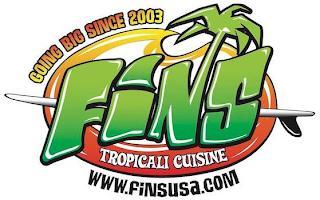 GOING BIG SINCE 2003 FINS TROPICALI CUISINE WWW.FINSUSA.COM logo