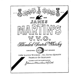 GOLD BAR JAMES MARTIN'S V.V.O. BLENDED SCOTCH WHISKY ORIGINAL 1878 VAT BRAND 100% SCOTCH WHISKIES - ALL EXTRA QUALITY PRODUCE OF SCOTLAND BLENDED & BOTTLED IN SCOTLAND BY JAMESMARTIN BLTD. logo