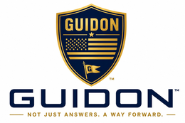 GOLD SHIELD ON A FIELD OF NAVY BLUE. THE WORD GUIDON,THE AMERICAN FLAG, A SMALLER GUIDON FLAG. THE TEXT GUIDON, THE PHRASE NOT JUST ANSWERS. A WAY FORWARD logo
