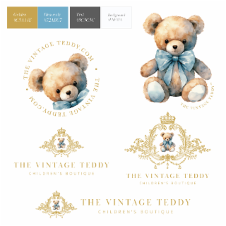 GOLDEN #C5A44E THE VINTAGE TEDDY CHILDREN'S BOUTIQUE  -  THE VINTAGE TEDDY.COM, HEAVENLY #72ABC7  THE VINTAGE TEDDY BEAR BOW AND ACCENTS logo
