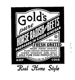 GOLD'S PURE HORSE RADISH AND BEETS PREPARED IN CIDER VINIGAR FRESH GRATED BROOKLYN 18 NY REAL HOME STYLE logo
