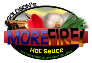 GOLDSON'S MOREFIRE! HOT SAUCE FLAVOR FILLED JAMAICAN JERK HERBS AND SPICES logo