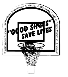 "GOOD SHOTS" SAVE LIVES CHICKENPOX TETANUS DIPHTHERIA MENINGITIS MEASLES WHOOPING COUGH POLIO MUMPS HEPATITIS logo