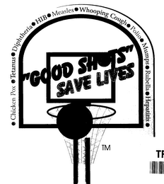 GOOD SHOTS SAVE LIVES CHICKENPOX TETANUS DIPHTHERIA HIB MEASLES WHOOPING COUGH POLIO MUMPS RUBELLA HEPATITIS logo