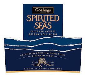 GOSLINGS SINCE 1806 SPIRITED SEAS OCEAN AGED BERMUDA RUM A BLEND OF PREMIUM, DARK RUMS FINISHED AT SEA FIRST RUM RELEASE EIGHTY ATLANTIC CROSSINGS logo