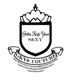 GOTTA KEEP YOUR SEXY GKYS COUTURE MADE WITH LOVE IN THE USA, FOR THOSE FIGHTING FOR THEIR LIVES EVERDAY. A PORTION OF ALL PROFITS GOES TOWARDS FINDING A CURE FOR WOMEN'S BREAST CANCER. logo