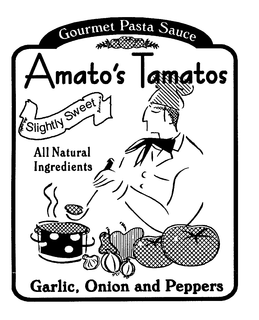 GOURMET PASTA SAUCE AMATO'S TAMATOS SLIGHTIY SWEET ALL NATURAL INGEDIENTS GARLIC, ONION AND PEPPERS logo