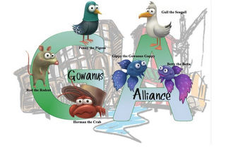 GOWANUS ALLIANCE GA GIPPY THE GOWANUS GUPPY PENNY THE PIGEON ROD THE RODENT HERMAN THE CRAB GULL THE SEAGULL BETTY THE BETTA logo