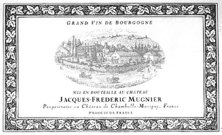 GRAND VIN DE BOURGOGNE - MIS EN BOUTEILLE AU CHÂTEAU - JACQUES-FRÉDÉRIC MUGNIER - PROPRIÉTAIRE AU CHÂTEAU DE CHAMBOLLE-MUSIGNY, FRANCE - PRODUIT DE FRANCE logo
