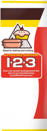 GREAT FOR BAKING AND COOKING ALL-VEGETABLE SHORTENING 1-2-3 DOES NOT CONTAIN HYDROGENATED FATS DUE TO OUR MANUFACTURING CRYSTALLIZATION PROCESS. logo