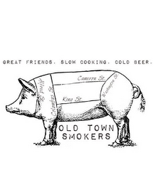 GREAT FRIENDS. SLOW COOKING. COLD BEER.  ALFRED ST. COLUMBUS ST. CAMERON ST. KING ST. WASHINGTON ST. OLD TOWN SMOKERS logo