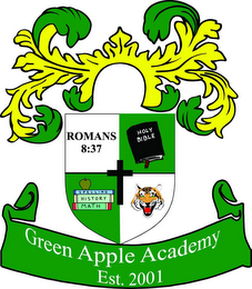 GREEN APPLE ACADEMY EST. 2001 ROMANS 8:37 HOLY BIBLE SPELLING HISTORY MATH logo