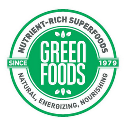 GREEN FOODS NUTRIENT-RICH SUPERFOODS NATURAL, ENERGIZING, NOURISHING SINCE 1979 logo
