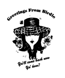 GREETINGS FROM BIRDIE YA'LL COME BACK NOW YA' HEAR? logo