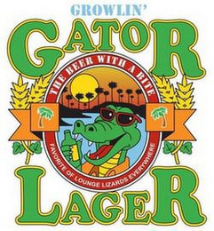 GROWLIN GATOR LAGER THE BEER WITH A BITE FAVORITE OF LOUNGE LIZARDS EVERYWHERE logo