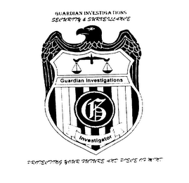 GUARDIAN INVESTIGATIONS SECURITY & SURVEILLANCE PROTECTING YOUR FUTURE & PEACE OF MIND GUARDIAN INVESTIGATIONS INVESTIGATOR logo