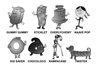 GUMMY GUMMY STICKLET CHERLYCHEWY NAAVE POP KID SAVER CHOCOLOCO RAMPACANE TWISTER logo