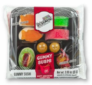 GUMMY SUSHI RAINDROPS ENJOY THE ADVENTURE GUMMY SUSHI GUMMY SUSHI GUMMY CANDY SOFT ASSORTED CANDY MIX GUMMY SUSHI NET WT. 3.00 OZ (85G) NATURALLY & ARTIFICIALLY FLAVORED logo