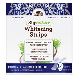 GURU NANDA SIG-NATURE ENAMEL SAFE FOR SENSITIVE TEETH WHITENING STRIPS WHITER TEETH AS QUICKLY AS 30-60 MINUTES WHITENING FOR SENSITIVE TEETH NO MESS DRY STRIP TECHNOLOGY NATURAL COCONUT OIL 14 STRIPS 10 PROFESSIONAL 4 EXPRESS 14 STRIPS 7 TREATMENTS logo